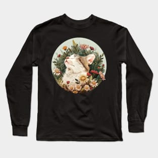 Cute Sleepy Cat with Flowers Design Long Sleeve T-Shirt